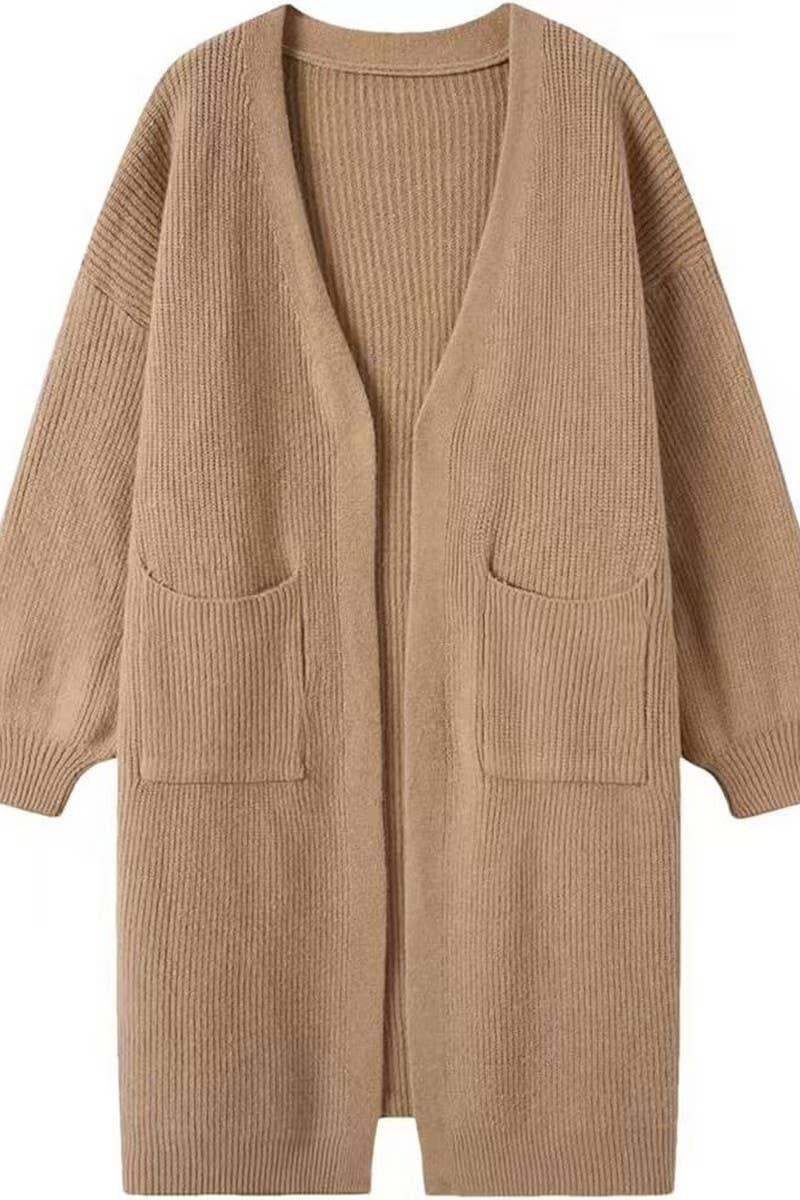 WOCAL00833_SOLID COLOR POCKET CARDIGAN LONG SWEATER JACKET