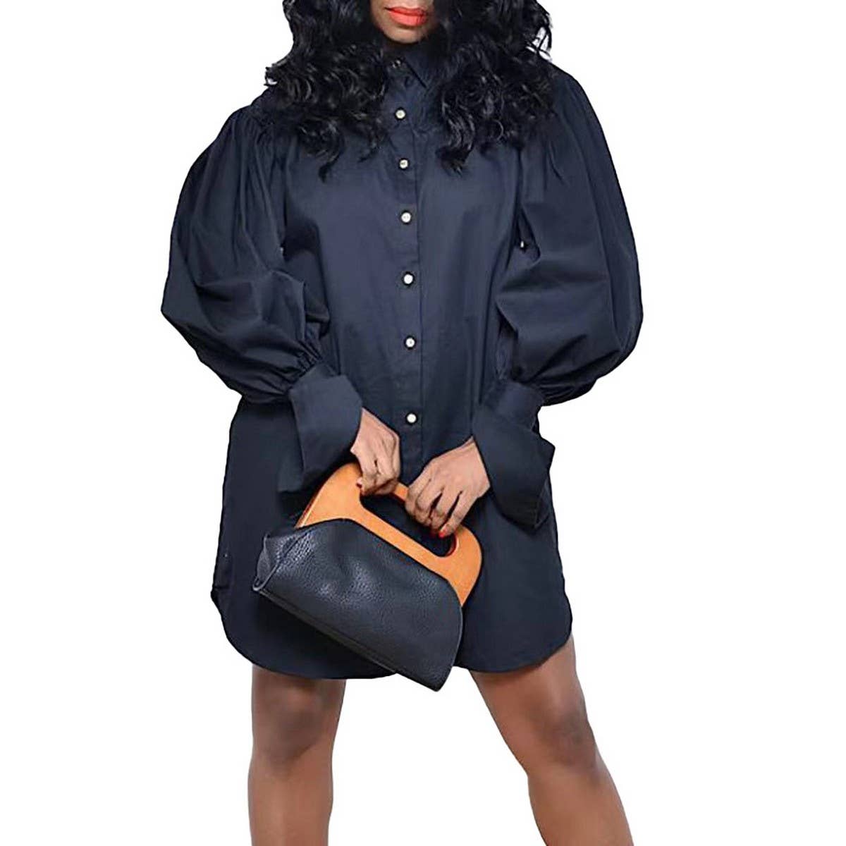 LOOSE PUFF SLEEVE SOLID COLOR CASUAL DRESS_CWDSD6067