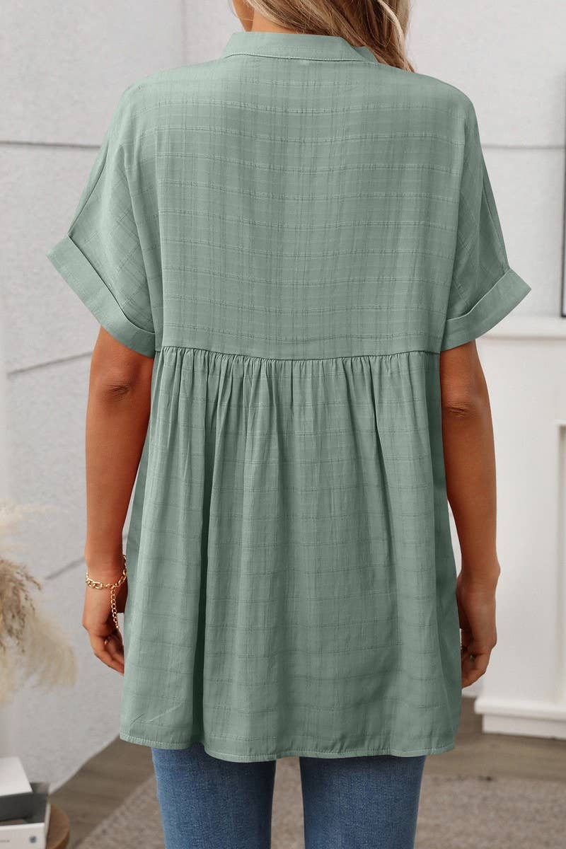 CWTBLS1720_V-NECK STRIPED LOOSE CHECK SHORT-SLEEVED SHIRT