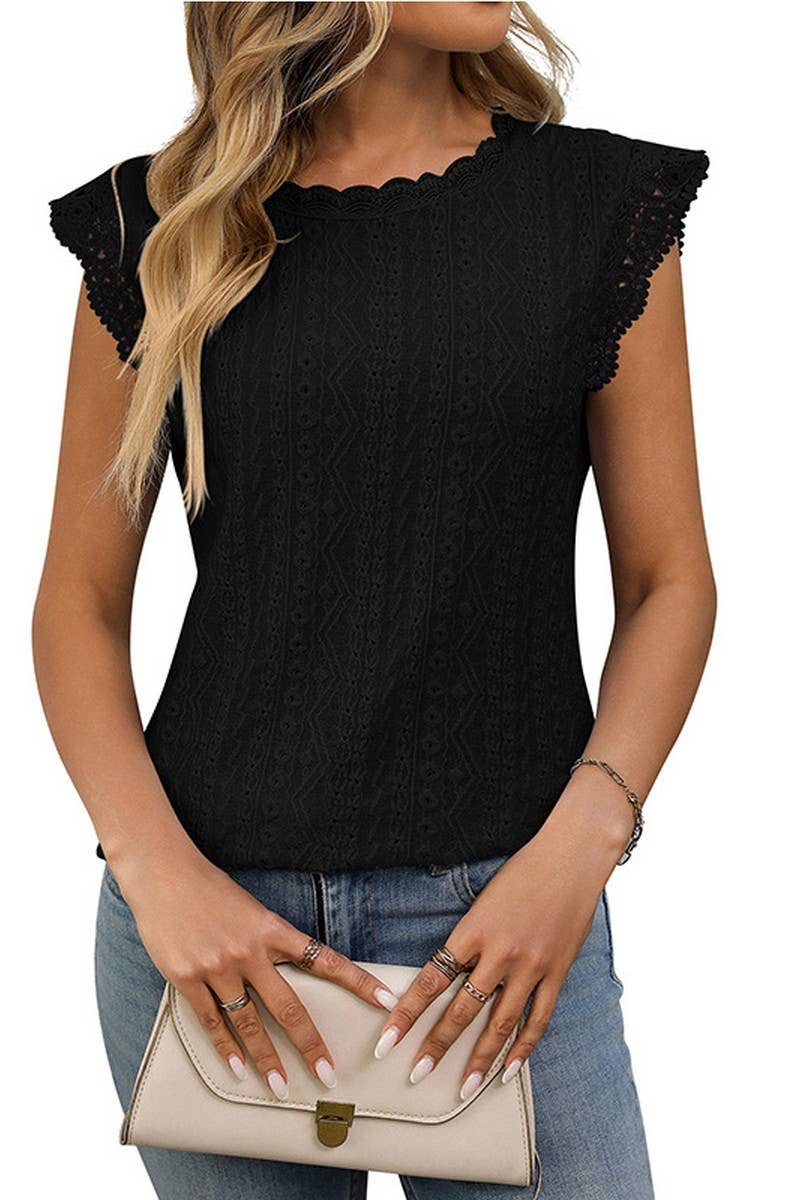 CWTBLS1619_SOLID COLOR ROUND NECK LACE STITCHING HOLLOW TOP