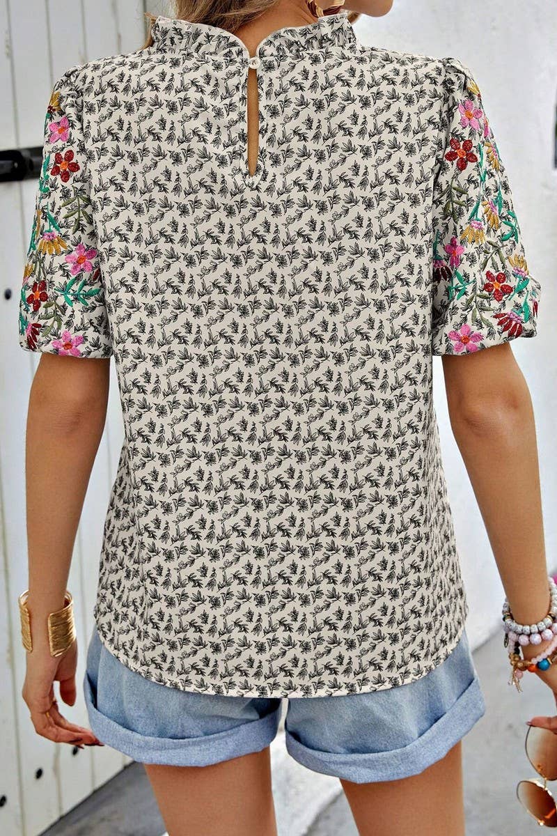CWTTS1377_NEW SUMMER EMBROIDERY PRINT COLOR BLOCK TOP