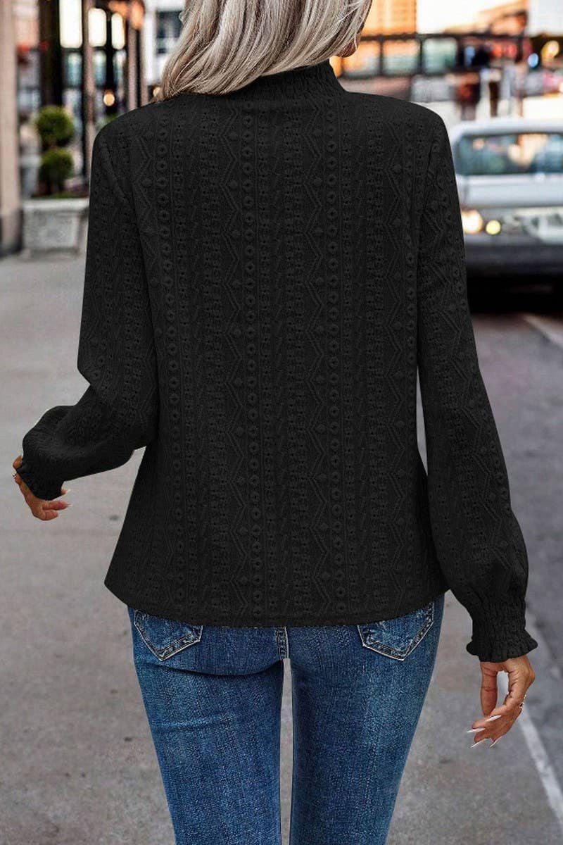 CWTBLL4008_JACQUARD RUCHED CREW NECK LONG SLEEVE TOP