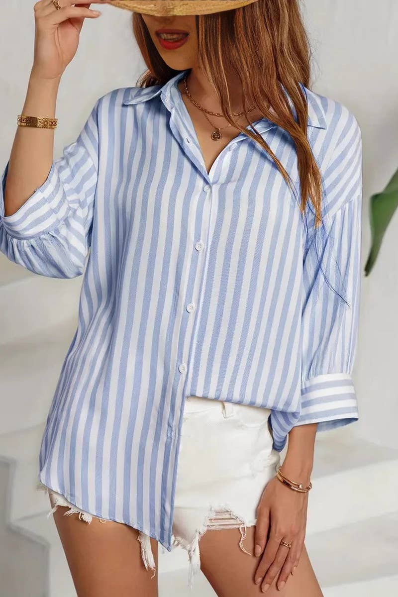 CWTBLS2045_CASUAL STRIPED BUTTON FRONT DROP SHOULDER SHIRT
