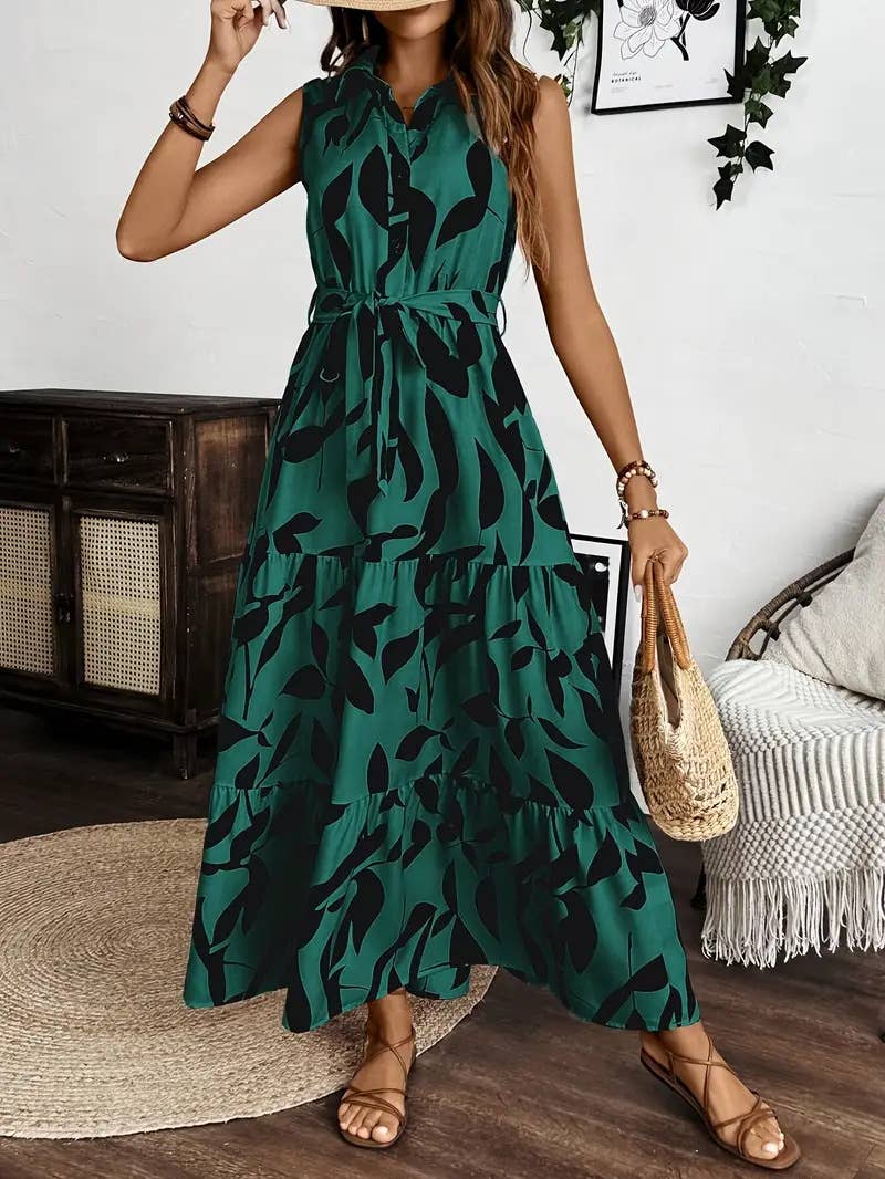 Elegant printed and a cinched waist long dress