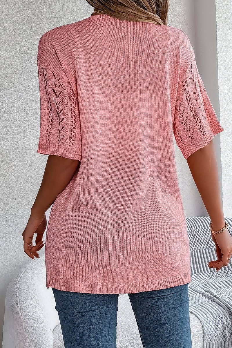 CWTBLS1057_SUMMER SHORT-SLEEVED HOLLOW-KNIT SUNSCREEN SHIRT