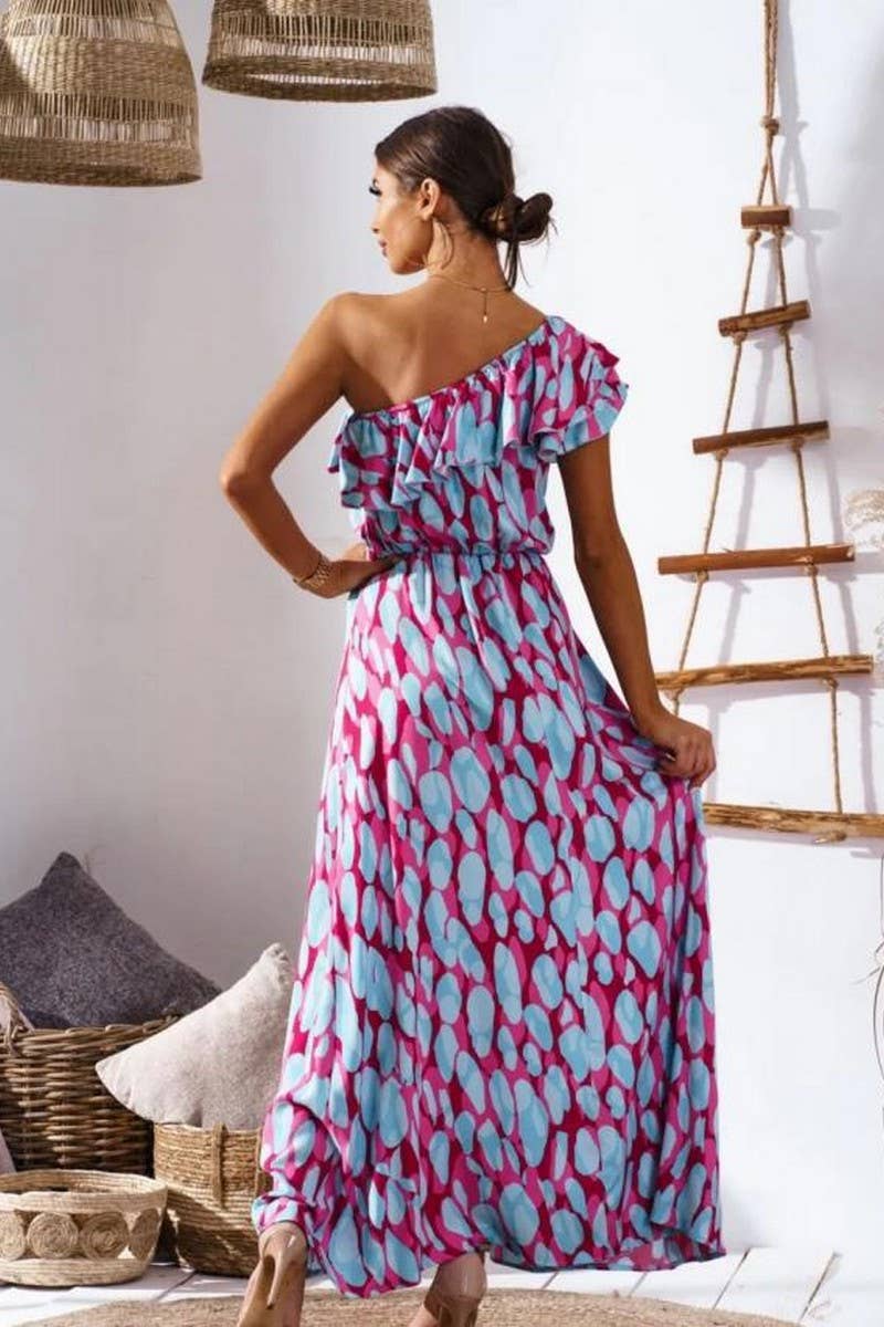 CWDMD4117_OFF-SHOULDER WAIST PRINTED LONG DRESS