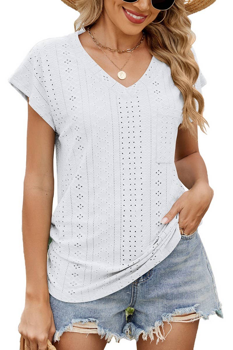 CWTBLS2283_V-NECK RUCHED SIDE POCKET SHORT SLEEVE TEE