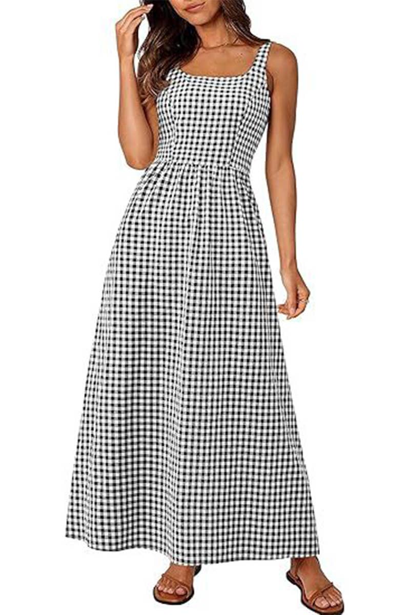 CWDHL1084_SPAGHETTI STRAP SQUARE NECK PLAID SHIRRED DRESS