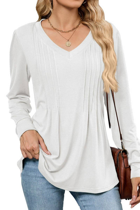 CWTBLL01306_V NECK RIBBED SOLID LONG SLEEVE CASUAL TEE