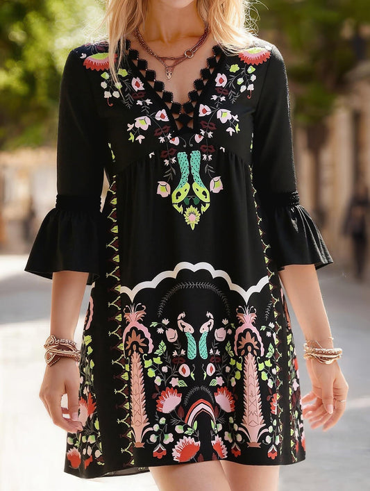 Women's V-Neck Lace Patchwork Printed Dress ??Elegant All-Match Summer Dress