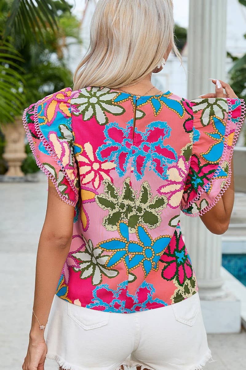 CWTBLS1311_SUMMER FLOWER RUFFLED SHORT SLEEVE TOP