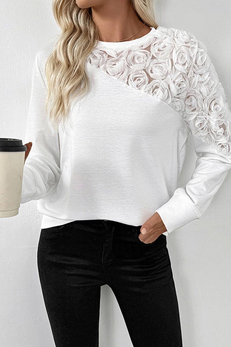 CWTBLL4043_SOLID LONG SLEEVE SWEATSHIRT WITH 3D ROSE DETAIL