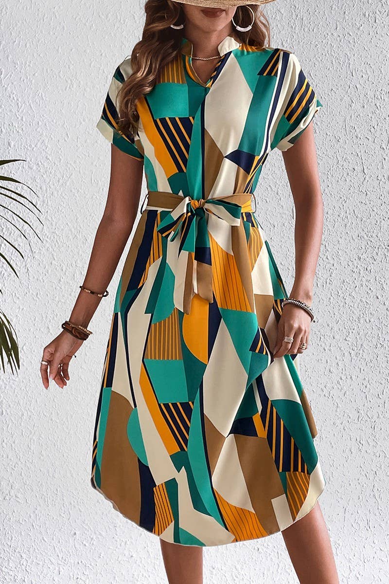 CWDSD7880_COLORBLOCK BELTED SHORT SLEEVE MIDI DRESS