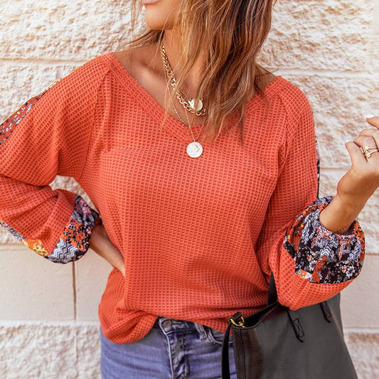 FLORAL SPLICED PRINTED V-NECK PULLOVER HOODIE
