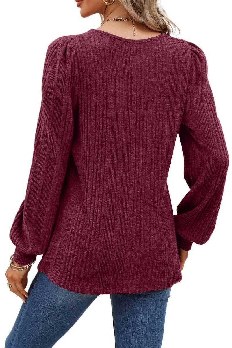 CWTBLL01084_RIBBED SQUARE NECK CASUAL LONG SLEEVE TOP
