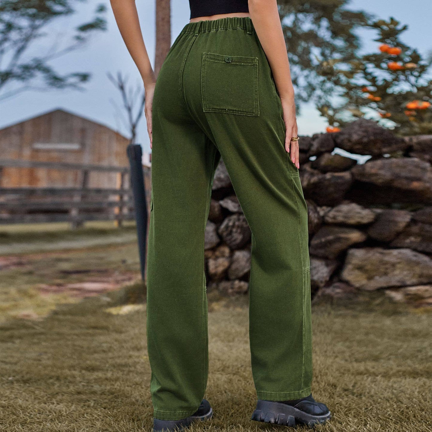 ELASTIC-WAISTED DENIM CARGO CASUAL PANTS