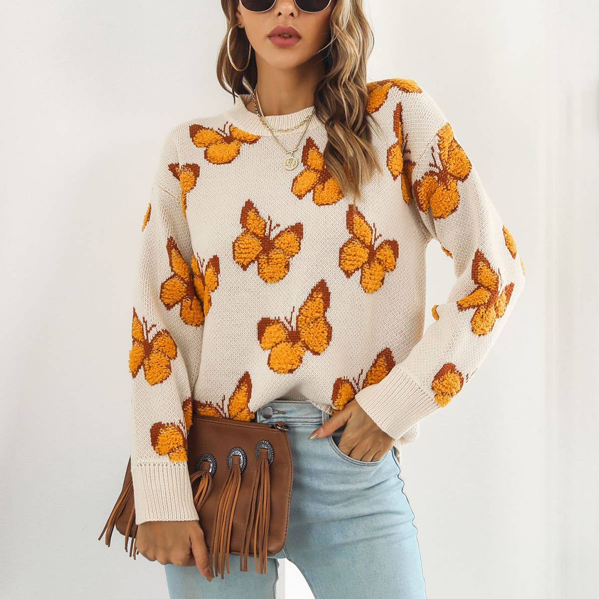 BUTTERFLY SWEATER WITH LOOSE CREW NECK PULLOVER