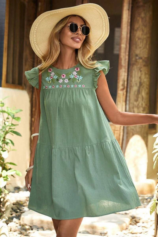 CWDSD8785_SUMMER THIN STYLISH FLORAL FLYING SLEEVE DRESS