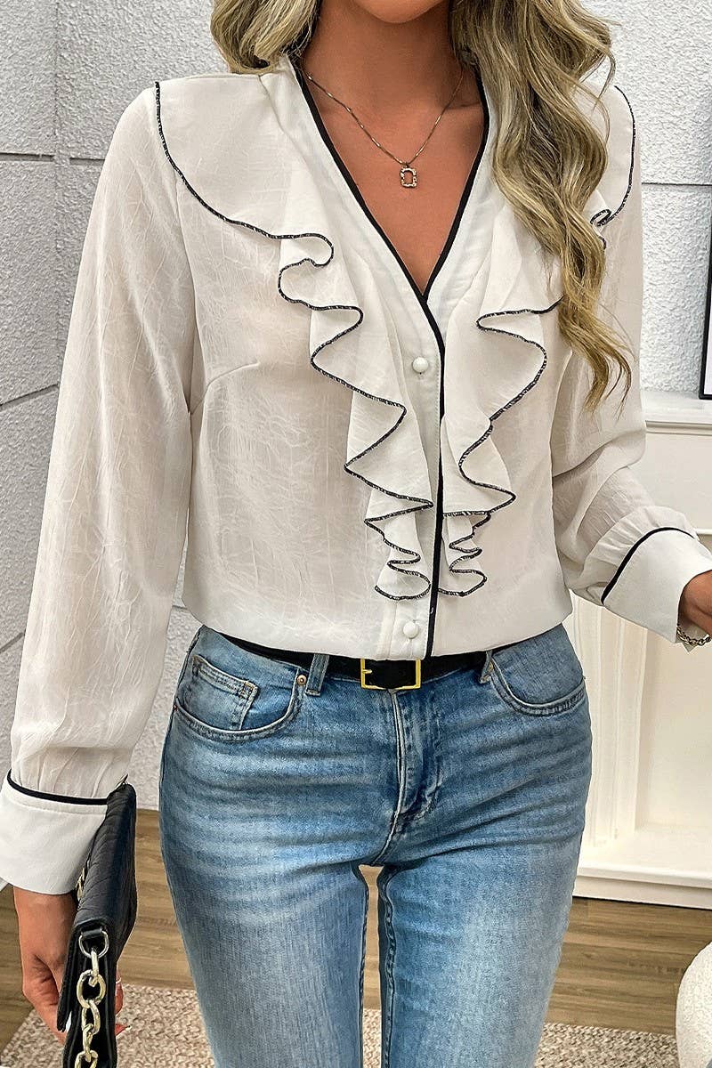 CWTBLL3846_LONG SLEEVE RUFFLE COLLAR BUTTON-DOWN SHIRT