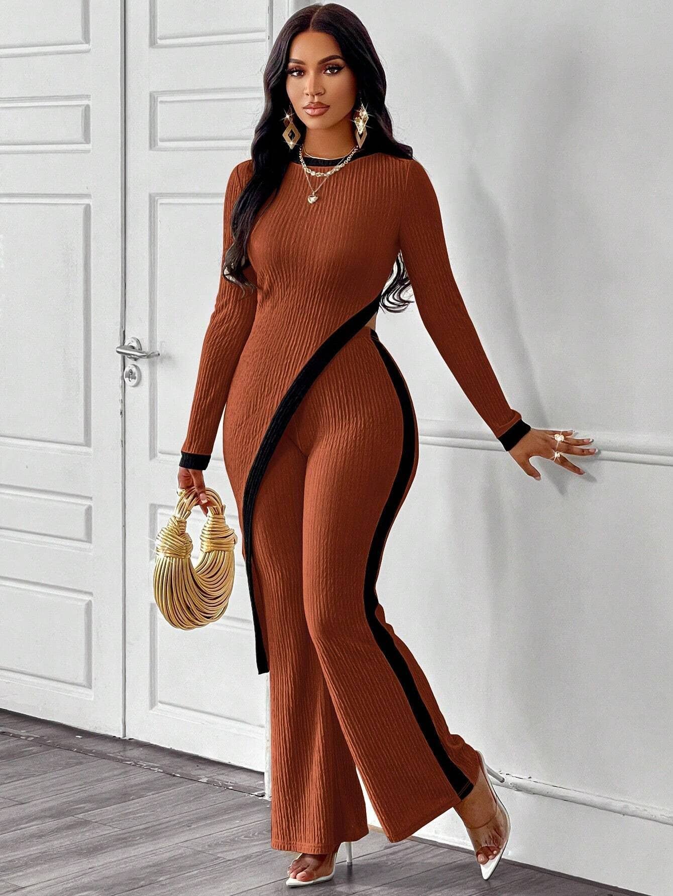 COLOR CONTRAST SLIT T-SHIRT STITCHING PANTS SET