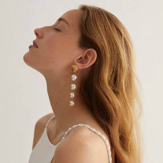 PERSONALIZED 18K GOLD SHELL PEARL TASSEL EARRINGS_CWASC1667