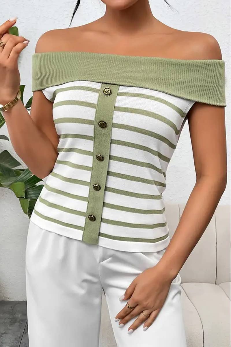 CWTTS1306_FASHION STRIPED OFF-SHOULDER BOAT NECK SWEATER