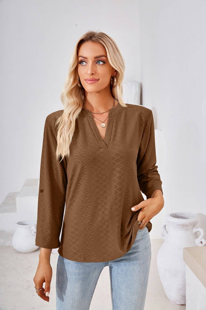CWTBLL2375_SOLID COLOR V-NECK THREE-QUARTER SLEEVE TOP