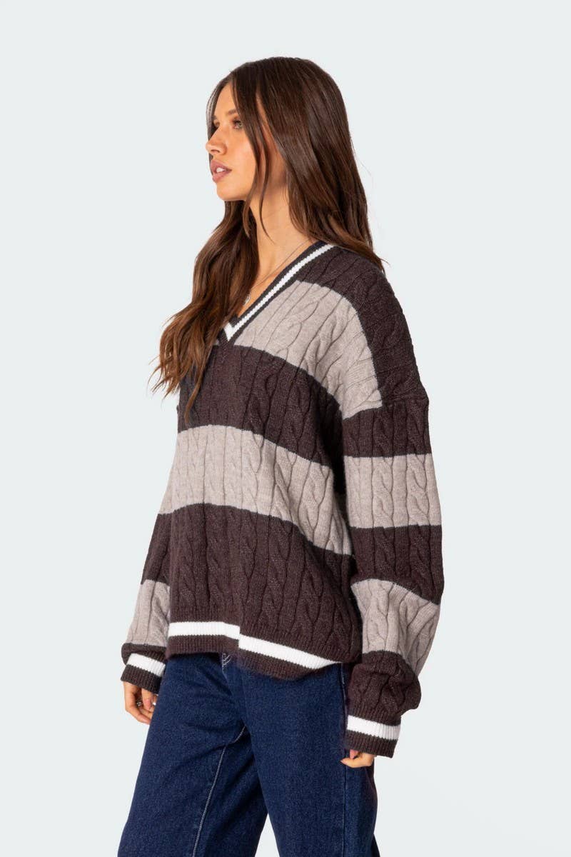 CWOSWL6749_V-NECK STRIPED CONTRAST LOOSE KNIT SWEATER