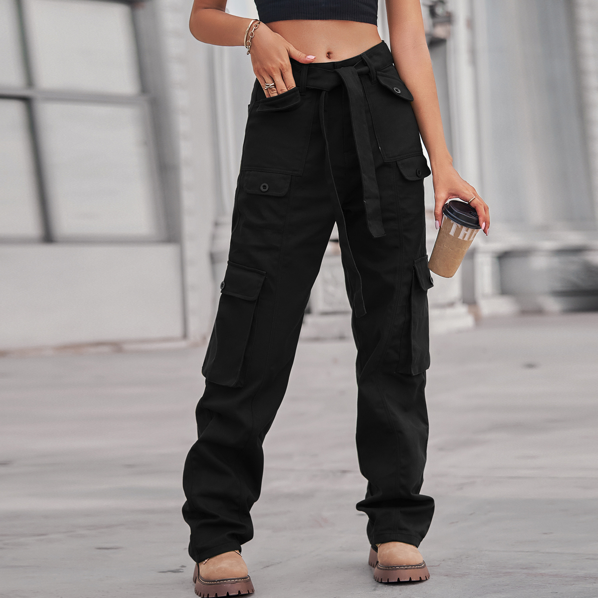 Casual Washed Denim Multi-Pocket Cargo Pants_CWJP0633