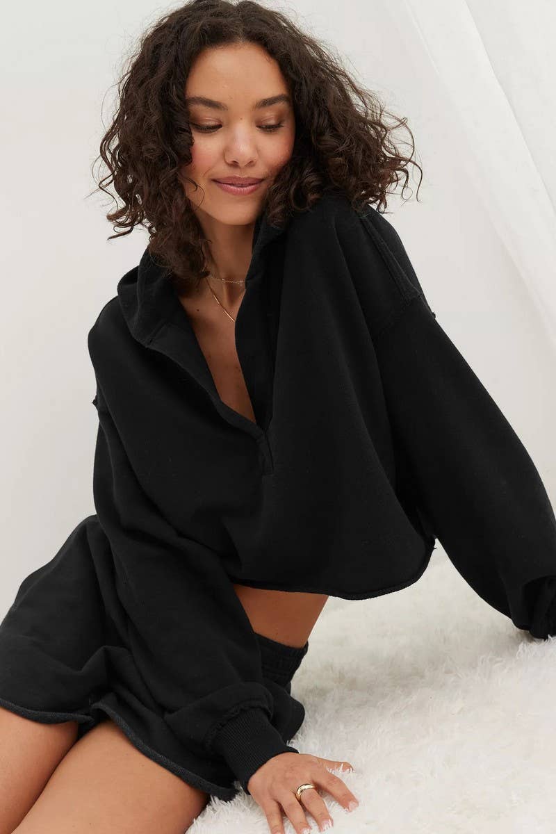 CWTBLL3984_FASHIONABLE V-NECK LOOSE HOODED SWEATSHIRT