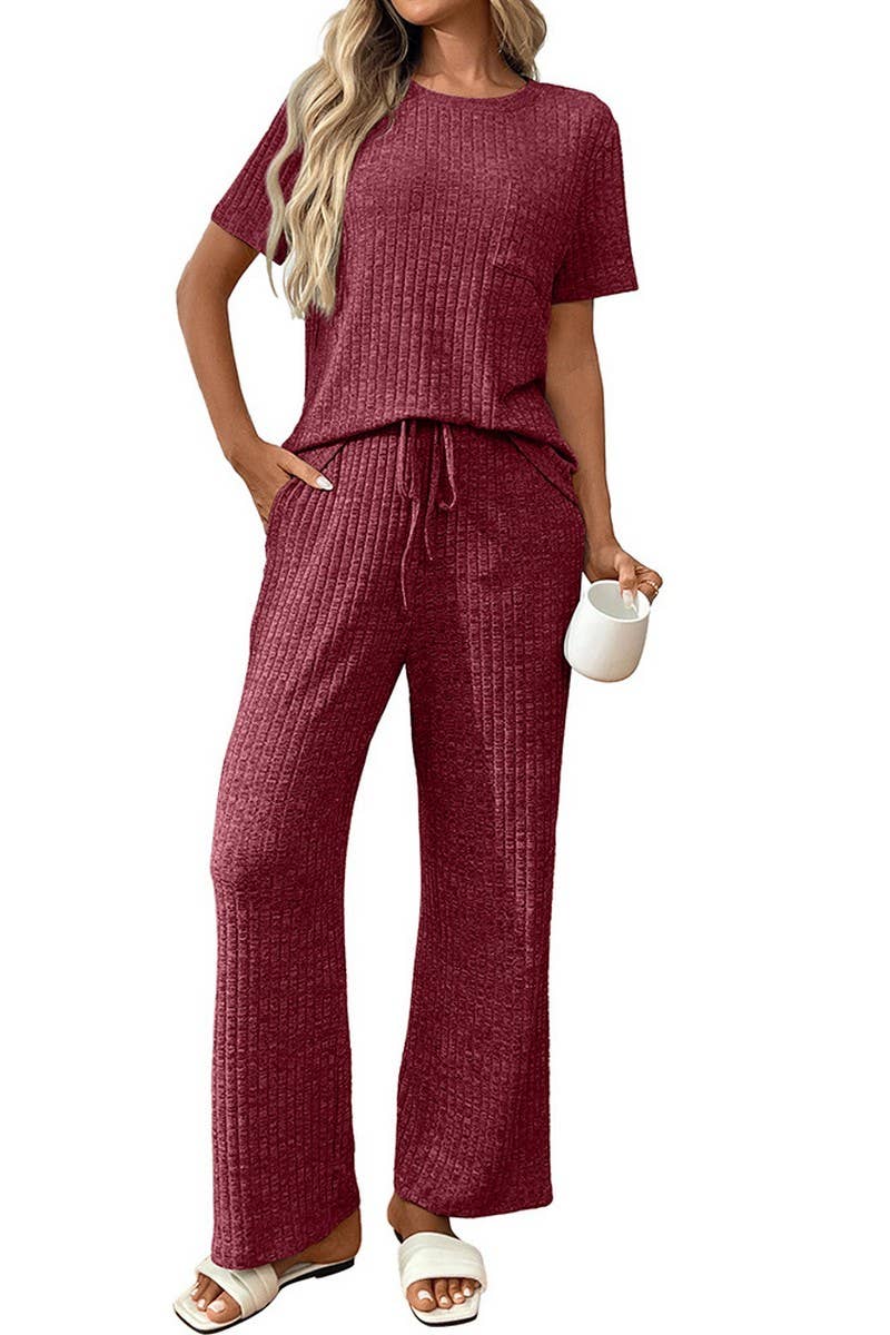 CWSPJ00462_SOLID RIBBED SHORT SLEEVE PAJAMA SET