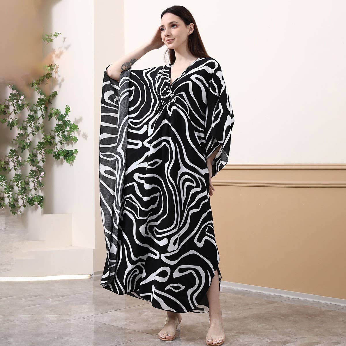 Cotton Zebra Print Beach Cover-Up,Plus Size,Woven