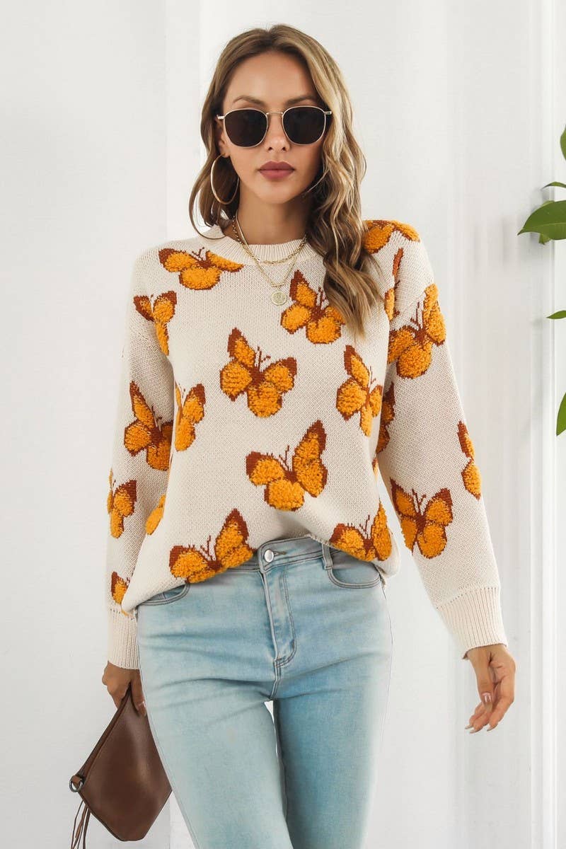 CWOSWL3964_3D BUTTERFLY JACQUARD CREWNECK KNITTED SWEATER