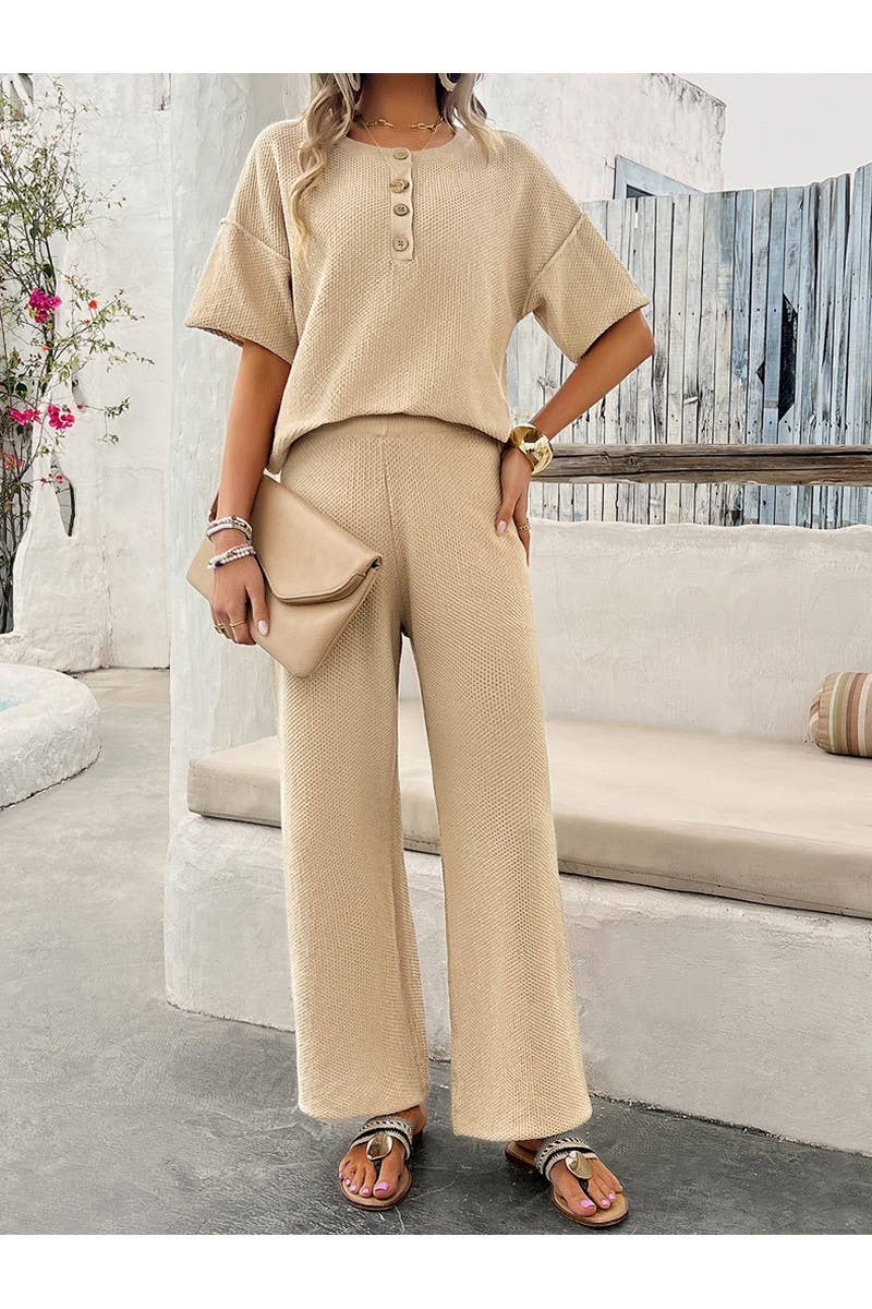 CWSTB0685_Casual Short-Sleeved Buttoned Pants Knit Set