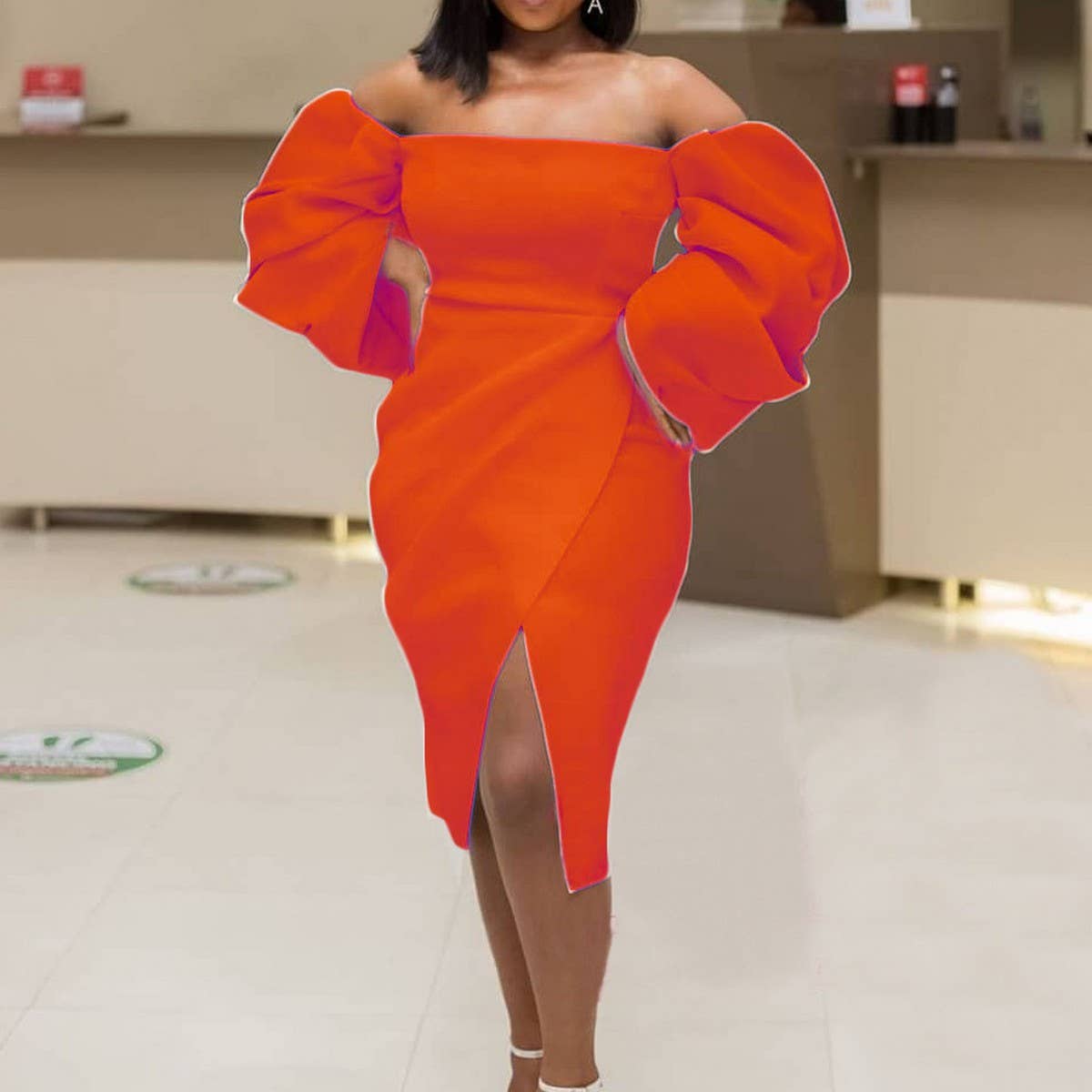 TEMPERAMENT SOLID COLOR OFFSHOULDER PLUSSIZE DRESS