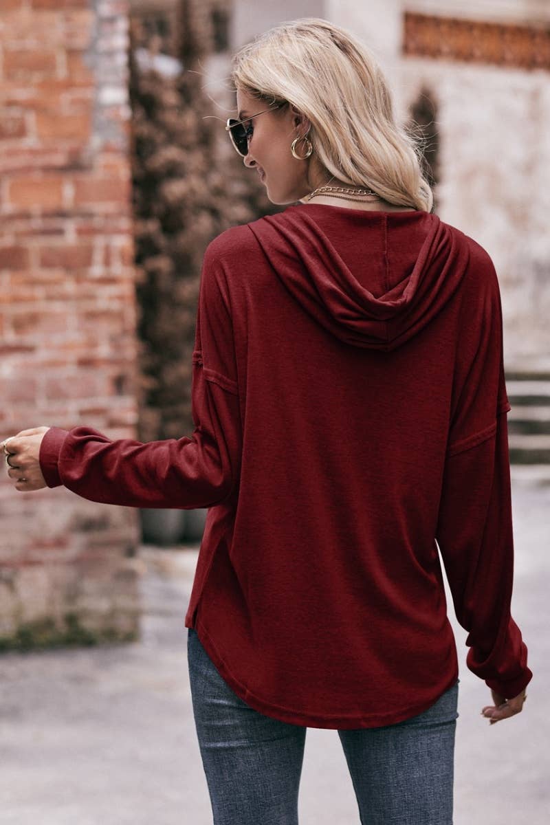 CWTBLL2714_V-NECK BUTTON-UP LONG-SLEEVED HOODED TOP