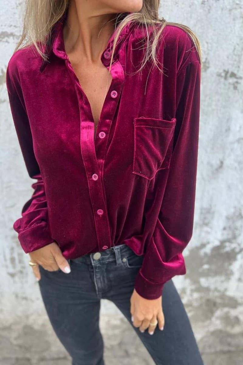 CWTBLL3108_GOLD VELVET LONG SLEEVE SINGLE BREASTED SHIRT