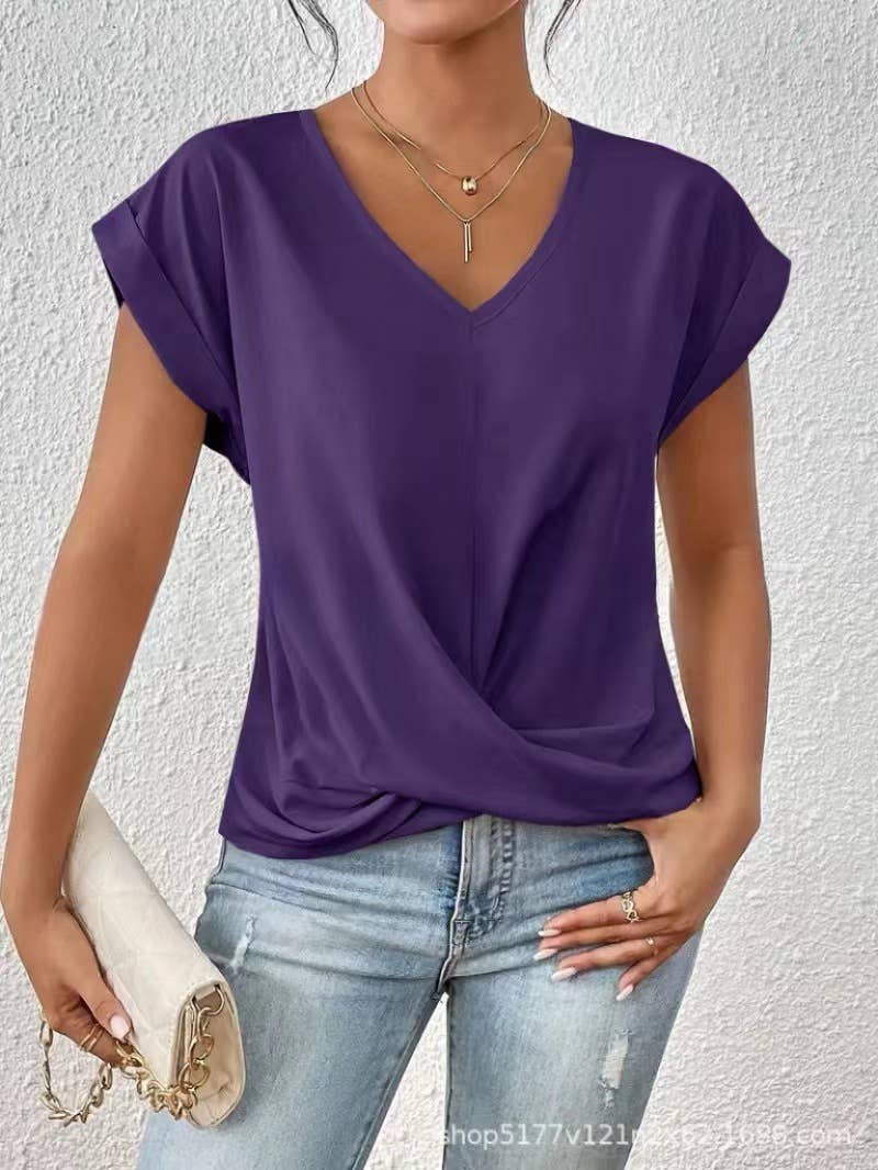 Elegant short-sleeved solid-color V-neck T-shirt