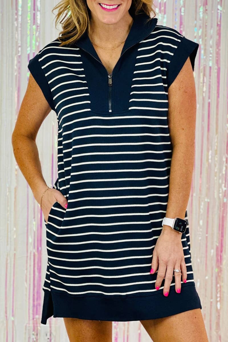 CWDSD5233_ZIP COLLAR SHORT SLEEVE STRIPED DRESS SHORT