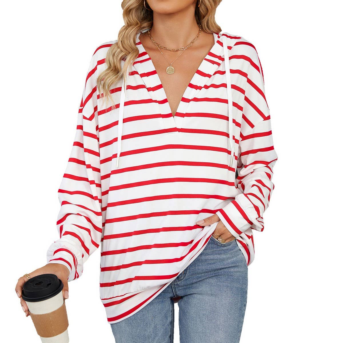 Drawstring hooded striped long-sleeved hoodie