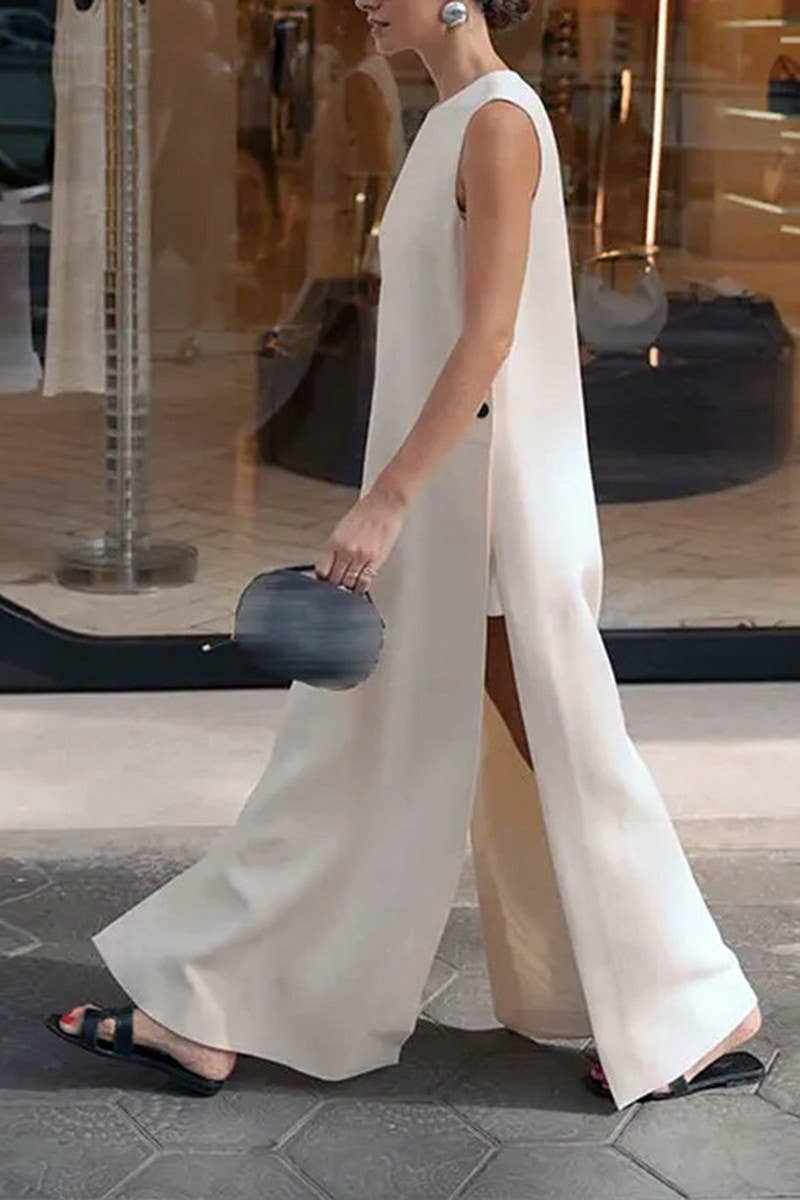 CWDMD6070_SLEEVELESS BUTTON SPLIT LOOSE CASUAL DRESS