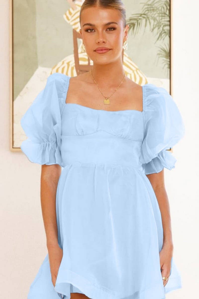 CWDSD8752_SUMMER ORGANZA SOLID COLOR RETRO PUFF SLEEVE DRESS