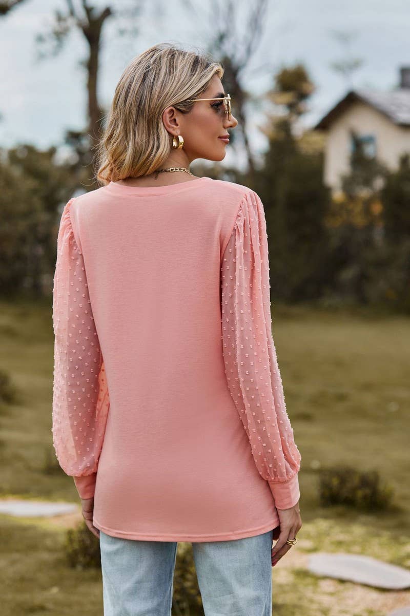 CWTBLL1047_LONG-SLEEVED V-NECK MESH PATCHWORK LOOSE TOP