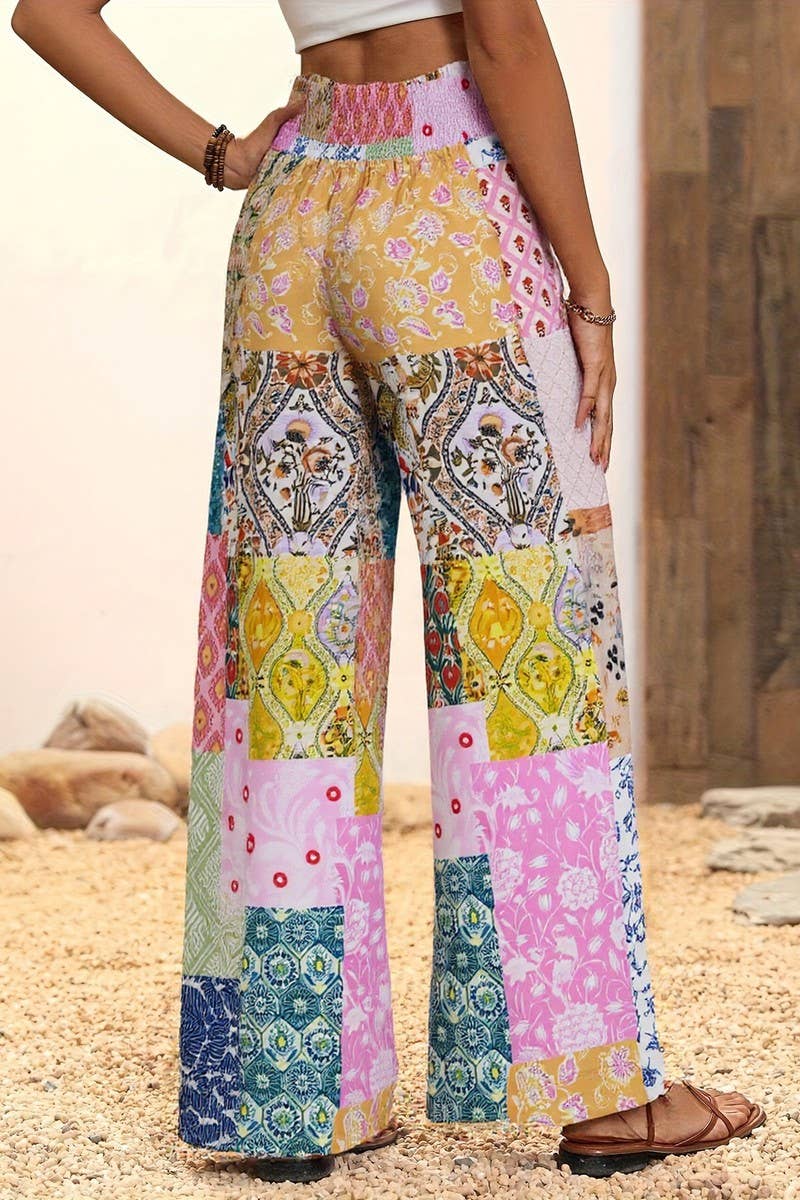 CWBLP2072_HIGH WAIST FLORAL FLARED DRAPED SUMMER PANTS
