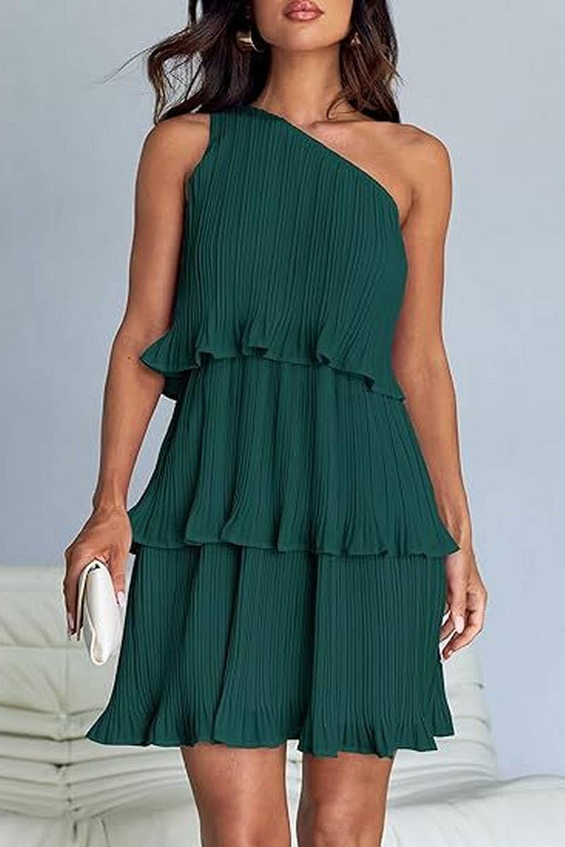 CWDSD7518_SUMMER OFF-SHOULDER LAYERED SOLID COLOR DRESS