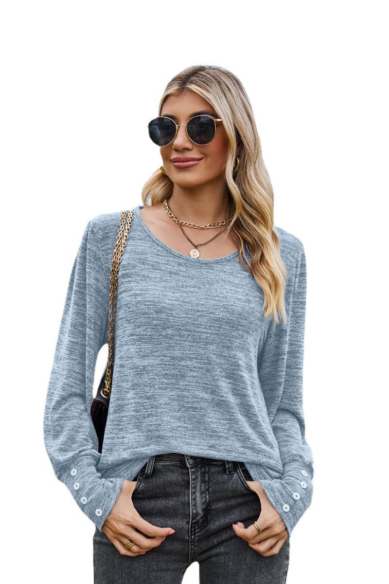 CWTBLL3688_SOLID COLOR ROUND NECK LOOSE CASUAL LONG SLEEVE T
