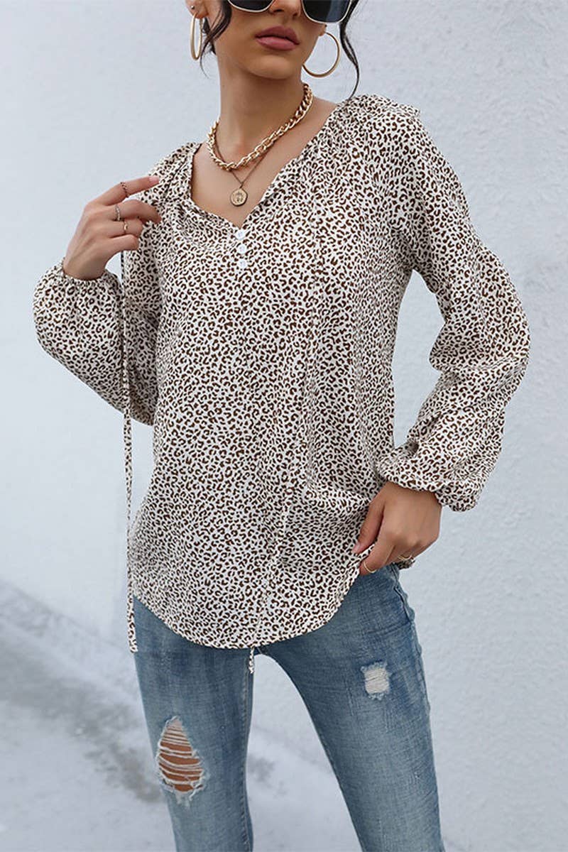 CWTBLL358_RETRO STYLISH DRAWSTRING LEOPARD PRINT V-NECK SHIR
