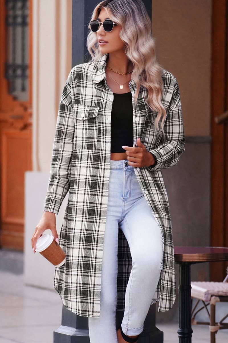 CWTSTL2395_PLAID SINGLE-BREASTED LONG-SLEEVED SHIRT LONG