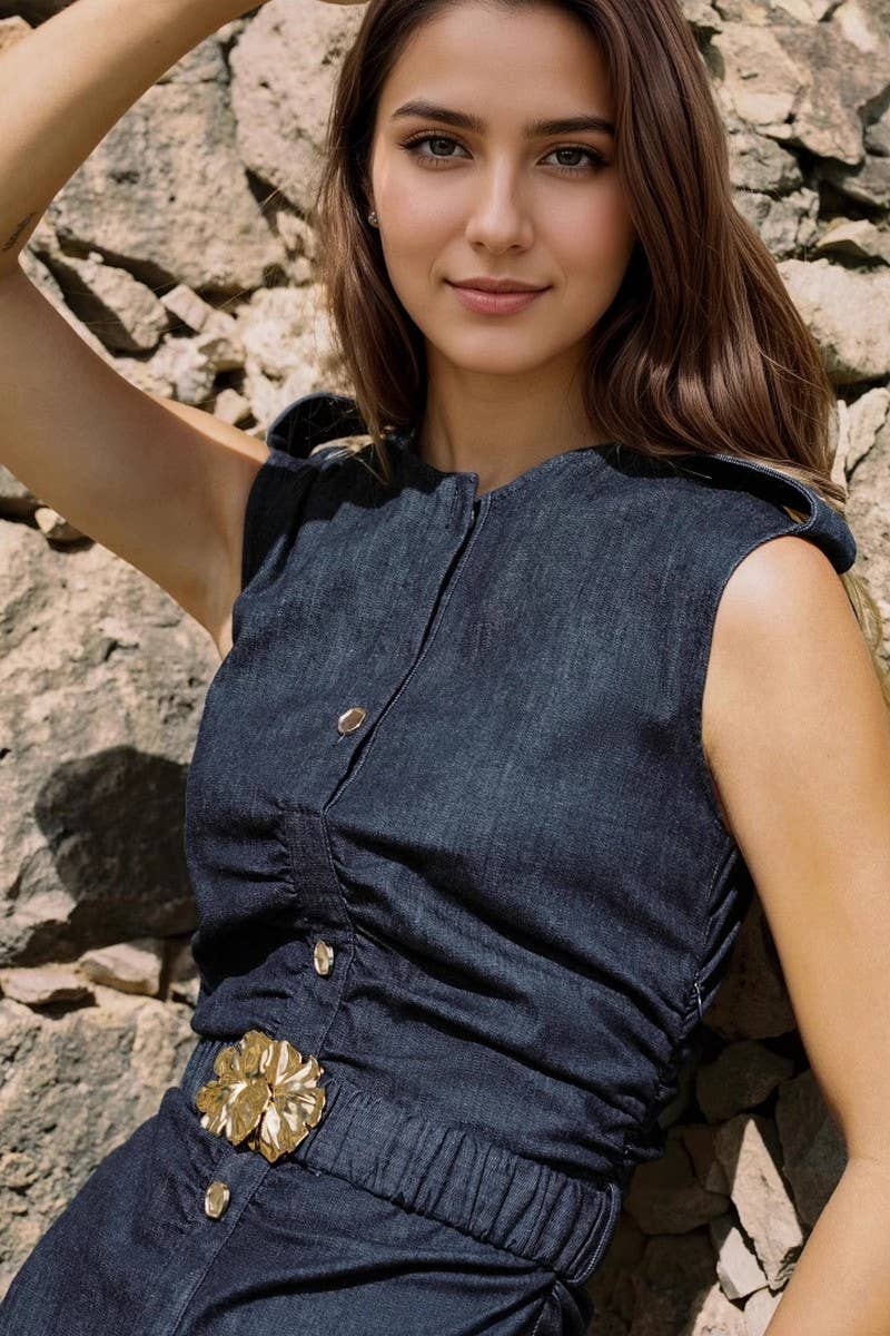 CWDMD6374_LACE-UP FAUX DENIM SINGLE-BREASTED DRESS