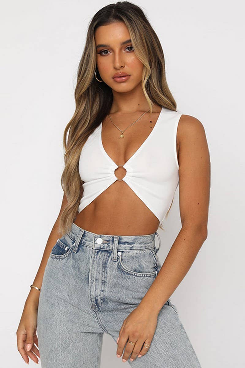 CWTTK0824_SOLID COLOR HOLLOW NAVEL-BARING V-NECK VEST